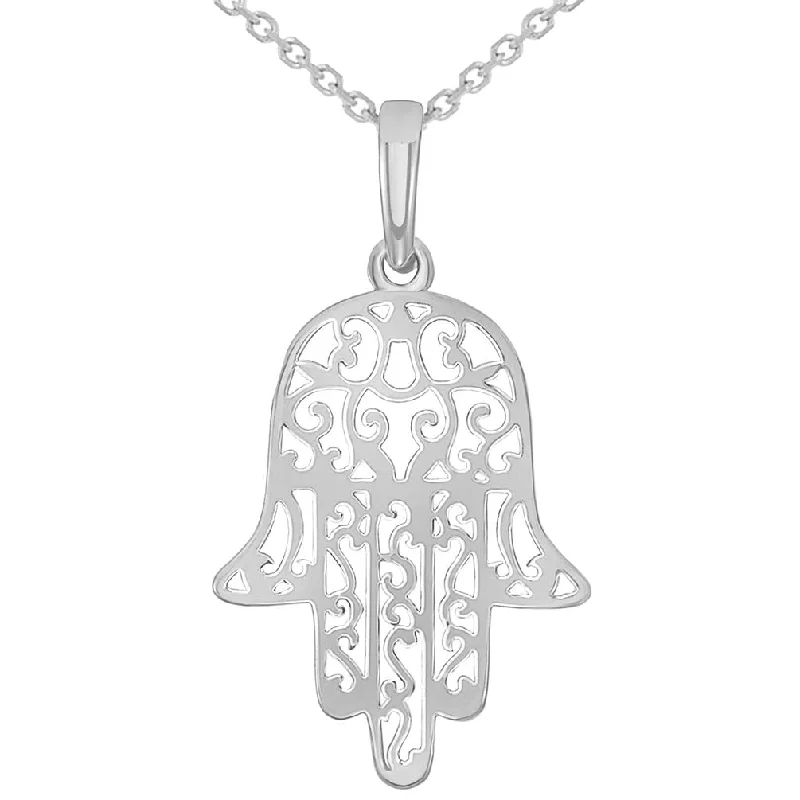 14k White Gold Filigree Hamsa Hand of Fatima Charm Pendant Necklace