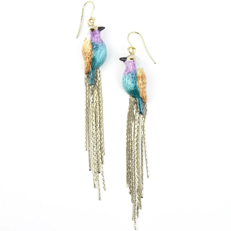 Blue Belly Bird w/ Fringe Earrings
